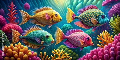 Colorful Fish Swimming in Vibrant Coral Reef Scene photo