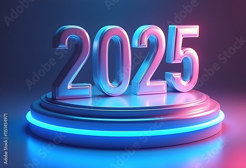 Glowing neon numbers 2025, Christmas ornaments, pine branches, fairy lights, festive decorations, dark background, reflective surface, holiday atmosphere, 3D render, high contrast, vibrant colors, pho