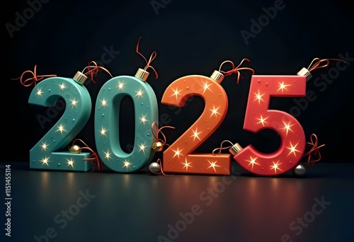 Glowing neon numbers 2025, Christmas ornaments, pine branches, fairy lights, festive decorations, dark background, reflective surface, holiday atmosphere, 3D render, high contrast, vibrant colors, pho