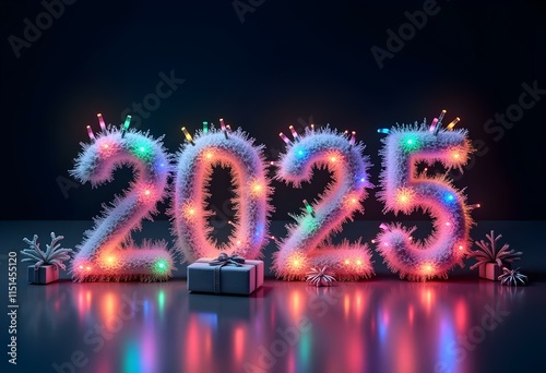 Glowing neon numbers 2025, Christmas ornaments, pine branches, fairy lights, festive decorations, dark background, reflective surface, holiday atmosphere, 3D render, high contrast, vibrant colors, pho