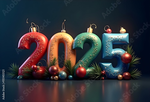 Glowing neon numbers 2025, Christmas ornaments, pine branches, fairy lights, festive decorations, dark background, reflective surface, holiday atmosphere, 3D render, high contrast, vibrant colors, pho