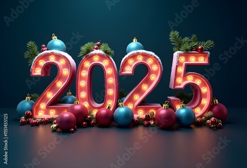 Glowing neon numbers 2025, Christmas ornaments, pine branches, fairy lights, festive decorations, dark background, reflective surface, holiday atmosphere, 3D render, high contrast, vibrant colors, pho