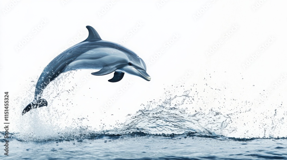 Obraz premium Dolphin Leaping from Water in a Splash Against a White Background