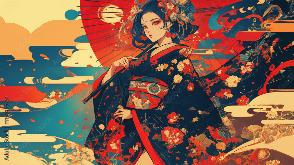 Fototapeta premium 着物を着たロックバンドのボーカル,アニメ,日本,ギター,日本の伝統文化