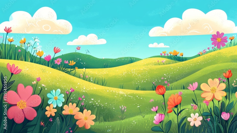 Fototapeta premium Vibrant wildflowers blooming across rolling green hills under a bright blue sky..
