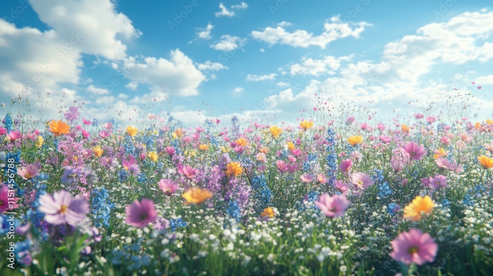 Vibrant wildflowers bloom under a bright summer sky. Vibrant wildflowers bloom under a bright summer sky.