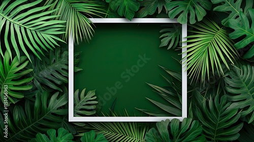 Wallpaper Mural Tropical frame concept. A vibrant backdrop featuring lush green leaves and a white frame for text or images. Torontodigital.ca