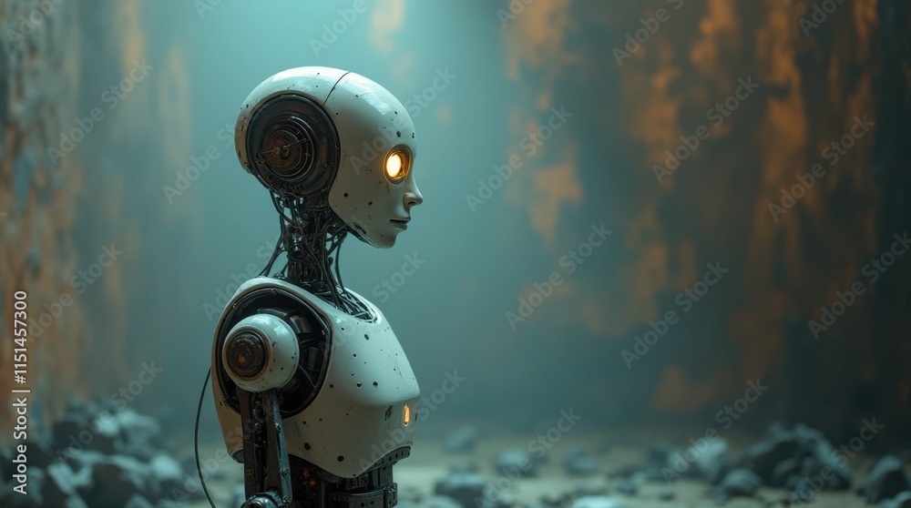 Robot with Wakeup Feature Standing Against an Abstract Background