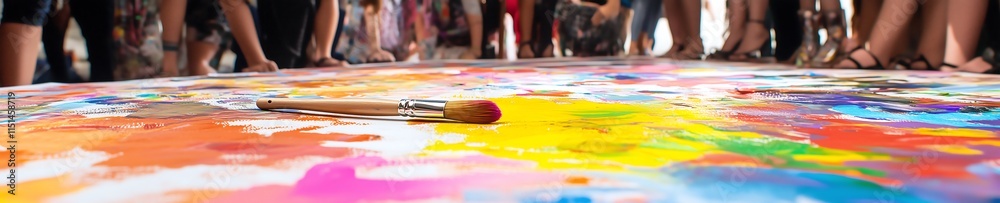 Fototapeta premium A vibrant scene of an artistic gathering with diverse participants and colorful paint splashes on canvas.