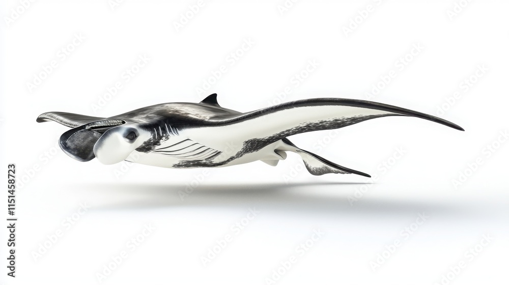 Fototapeta premium Graceful Manta Ray Swimming in Clear Water Against White Background