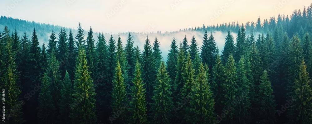 Fototapeta premium Aerial View forest idea. A tranquil forest landscape at dawn, showcasing lush green trees and misty hills.