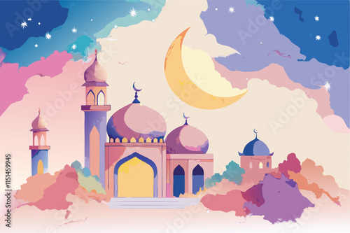 Beautiful vector illustration of an intricate mosque surrounded by colorful clouds and a crescent moon at dusk