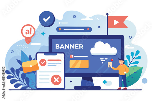 Vector illustration depicting a modern workspace with a computer displaying a banner design, showcasing creativity and digital marketing