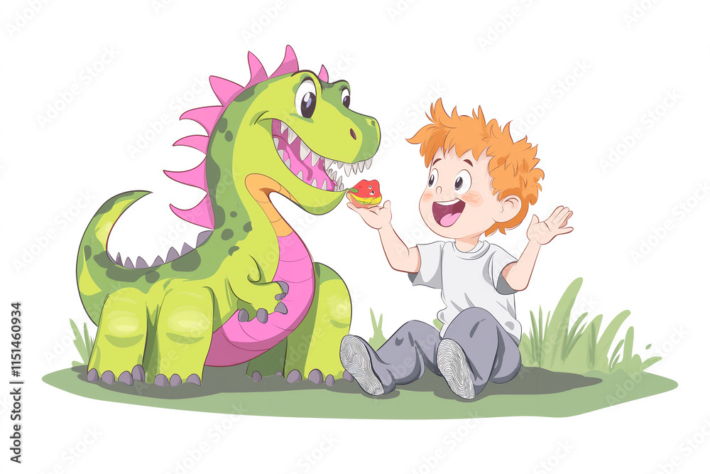 Fototapeta premium A boy and a green dinosaur playing joyfully on a grassy hill, depicting creativity, friendship, and the beauty of childhood imagination on a sunny day.