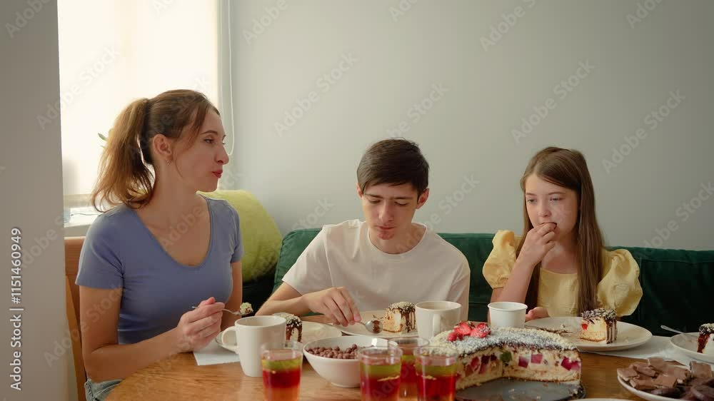 Family enjoying desserts together, sharing cake and snacks at table. Woman, boy, and girl sit together while eating their treats. Special moments bring joy during family time Family enjoying desserts together, sharing cake and snacks at table. Woman, boy, and girl sit together while eating their treats. Special moments bring joy during family time