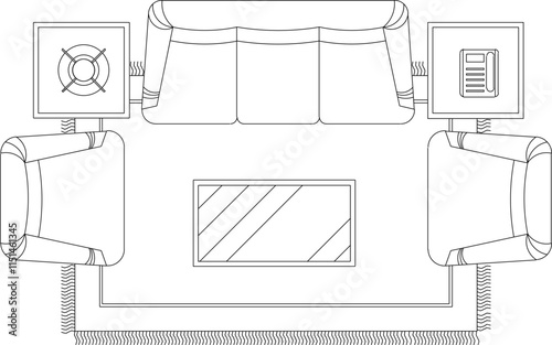 vector sketch, silhouette illustration, interior design drawing, living room layout plan seen from above.eps