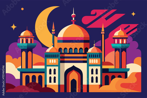 Colorful vector art of a majestic mosque surrounded by swirling skies and stylized plants at dusk