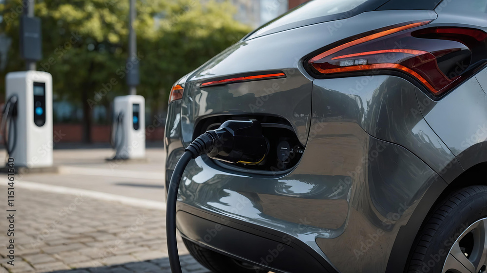 Modern charging infrastructure for electric vehicles in urban setting. Green transportation solution Modern charging infrastructure for electric vehicles in urban setting. Green transportation solution