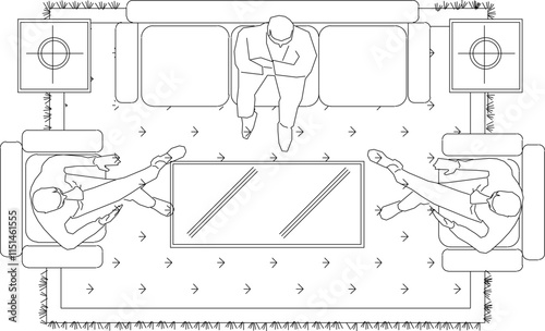 vector sketch, silhouette illustration, interior design drawing, living room and family room layout plan seen from above with table and chair furniture.eps