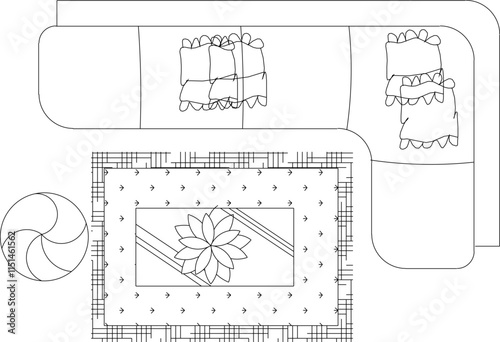 vector sketch, silhouette illustration, interior design drawing, living room and family room layout plan seen from above with table and chair furniture.eps