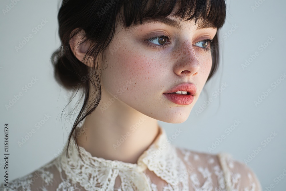 a close-up of a person with dark hair and freckles, wearing a lace top a close-up of a person with dark hair and freckles, wearing a lace top