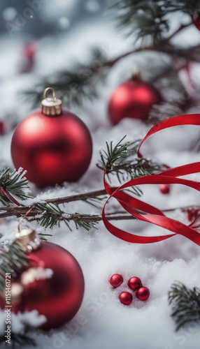 Christmas scene with red ornaments and ribbons on snowy surface Decorative elements Festive holiday
