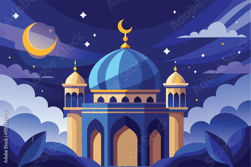Beautiful vector illustration of a mosque under a starry night sky with a crescent moon shining brightly