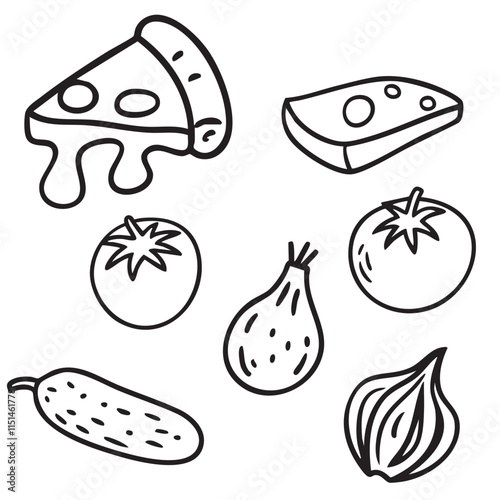 Black-and-white line art illustration of a pizza, cheese, tomato, onion, and cucumber on a white background