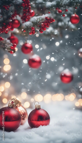 Christmas scene with red ornaments and ribbons on snowy surface Decorative elements Festive holiday