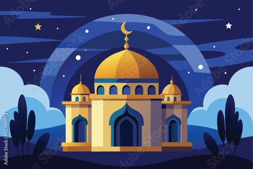 Beautiful vector illustration of a mosque under a starry night sky with a crescent moon shining brightly