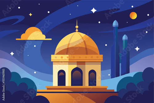 Beautiful vector illustration of a mosque under a starry night sky with a crescent moon shining brightly