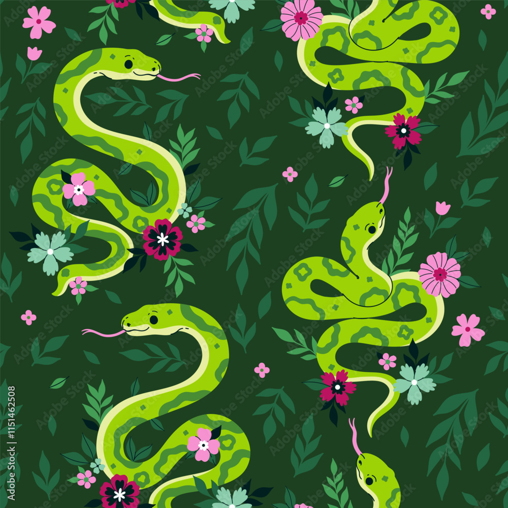 Fototapeta premium Seamless pattern with green snakes and flowers. Vector graphics.