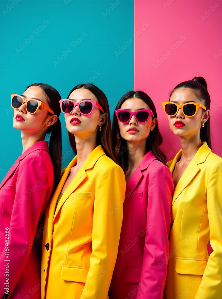 Four models with stylish sunglasses, showcasing different poses and vibrant, colorful outfits against variously colored backgrounds. new image Four models with stylish sunglasses, showcasing different poses and vibrant, colorful outfits against variously colored backgrounds. new image
