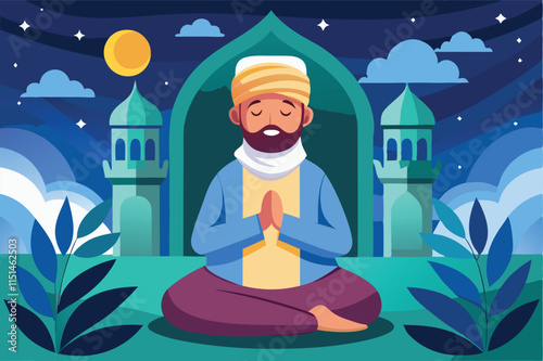 Meditating person in traditional attire under the moonlit sky near a mosque with tall minarets