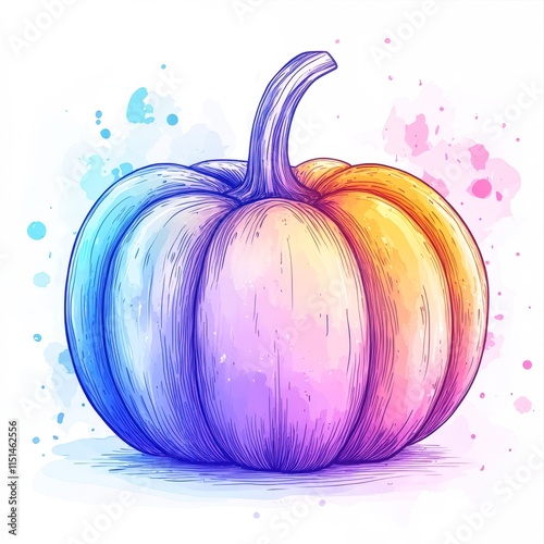 A vibrant, hand-drawn pumpkin illustration with a gradient of colors, perfect for autumn-themed designs, seasonal decorations, and festive marketing materials, It adds a playful touch to any project, photo