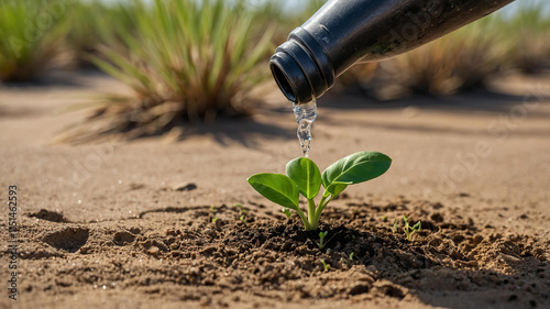 Environmental conservation showing plant watering in arid ground close-up photo