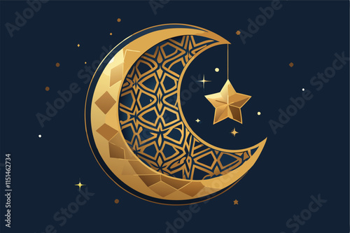 Intricate golden crescent moon design with a hanging star on a dark background, showcasing a beautiful blend of geometry and elegance in a vector style