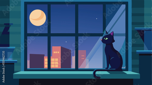 Cat rests on a window sill while a crescent moon illuminates the night sky and a lantern glows in the background