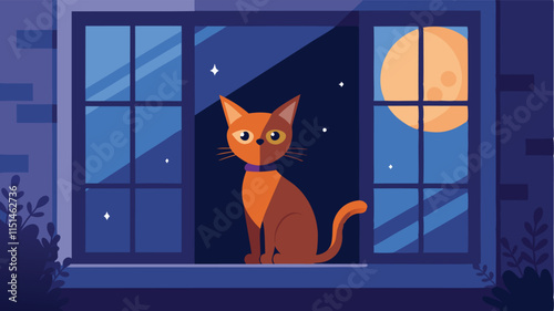 Cat rests on a window sill while a crescent moon illuminates the night sky and a lantern glows in the background