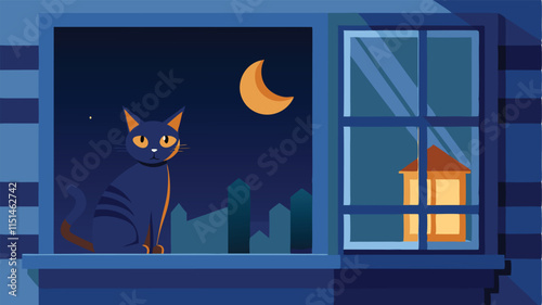 Cat rests on a window sill while a crescent moon illuminates the night sky and a lantern glows in the background