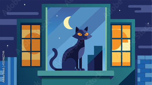 Cat rests on a window sill while a crescent moon illuminates the night sky and a lantern glows in the background