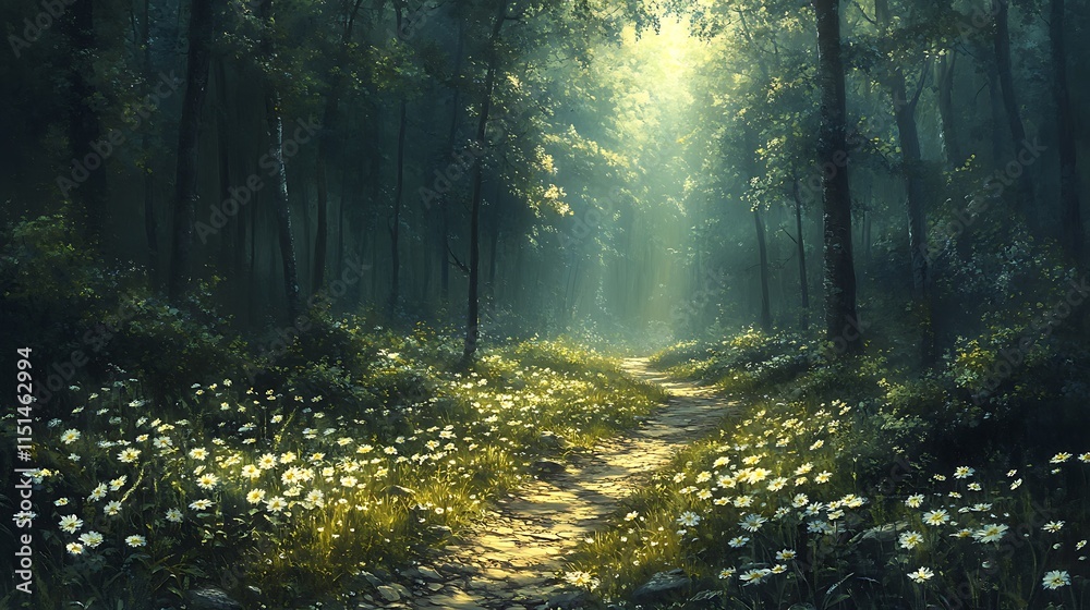 Obraz premium Sunlit Path Through A Mystical Forest With Daisies
