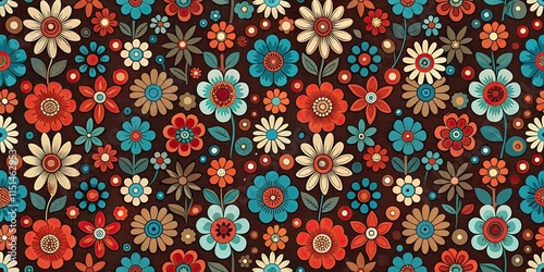 Retro Floral Pattern A Vibrant and Colorful Textile Design Featuring a Diverse Array of Blossoms
