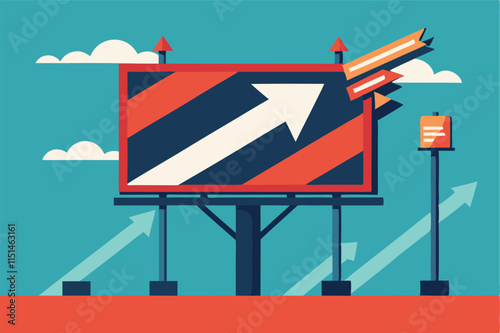 Vector illustration of a billboard displaying growth metrics and progress indicators against a blue sky with clouds