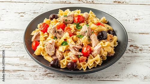 Pasta fredda con tono, pomodorini and olives, pasta salad with canned tuna, cherry tomatoes and olives on a plate on a white wooden background. 