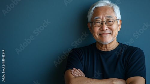 portrait of happy senior Asian man on blue background copy space