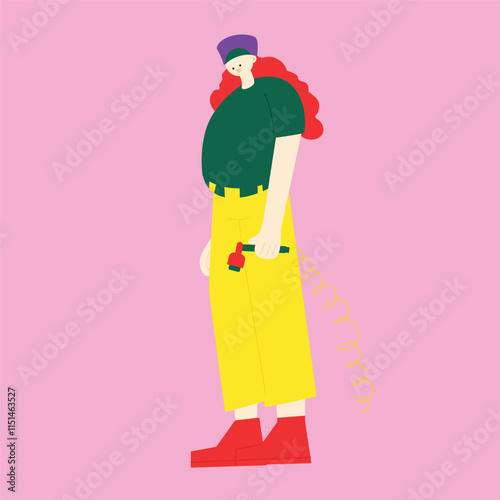 Female character is gardening and holding the watering plants. Flat vector illustration