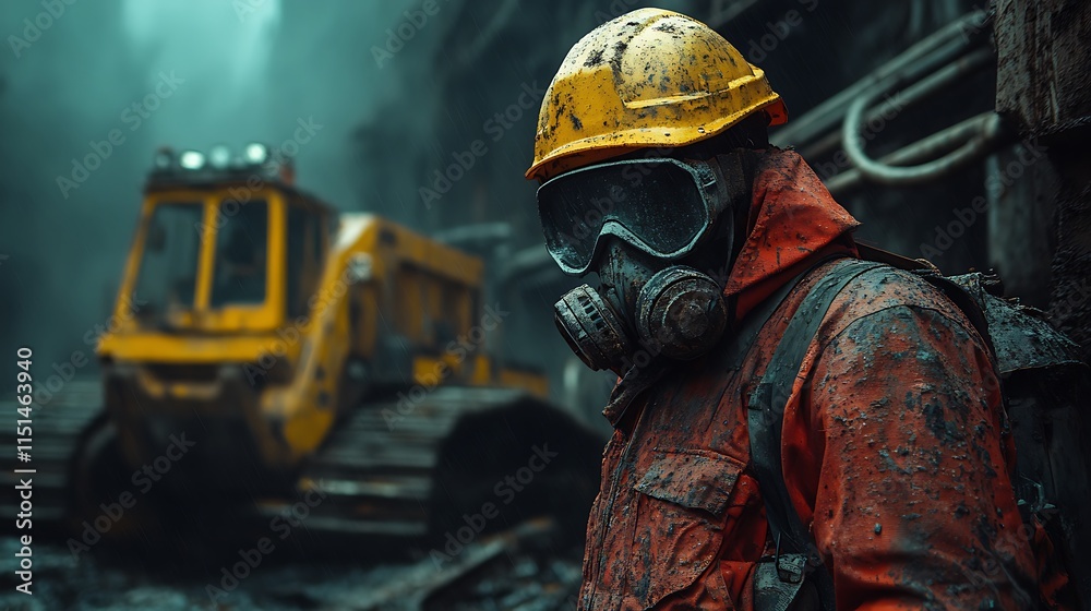 Mud Covered Worker In Protective Gear Near Machinery Mud Covered Worker In Protective Gear Near Machinery
