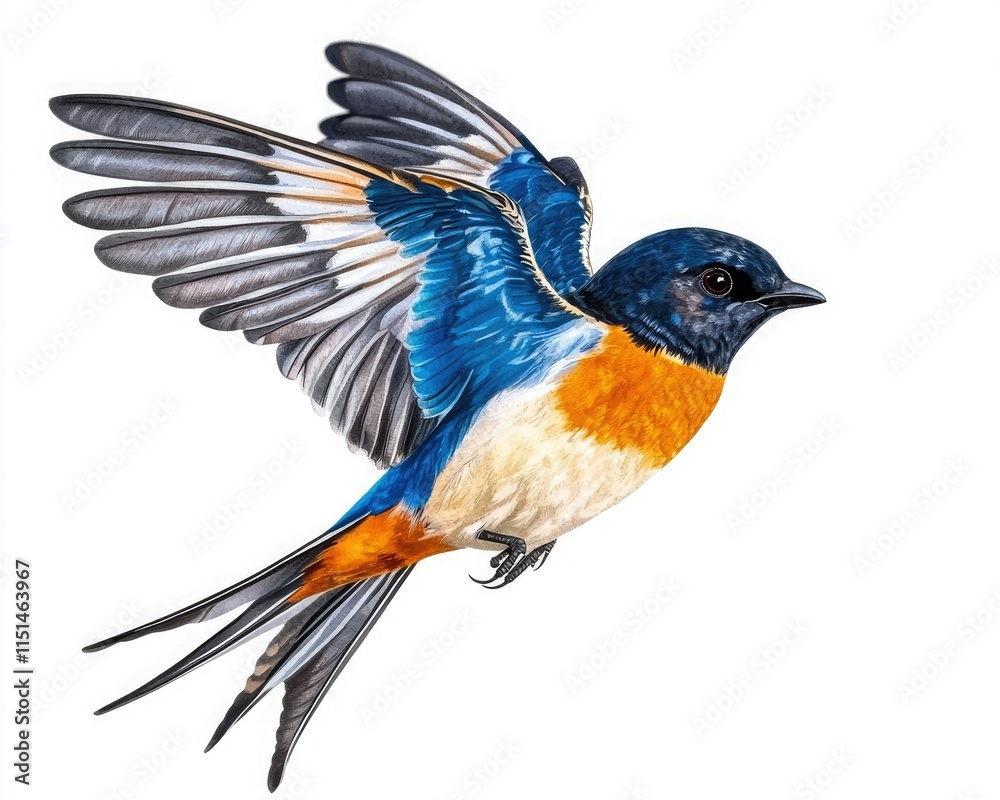 A vibrant bird with blue and orange plumage in mid-flight against a white background, showcasing its detailed wings and graceful form. A vibrant bird with blue and orange plumage in mid-flight against a white background, showcasing its detailed wings and graceful form.