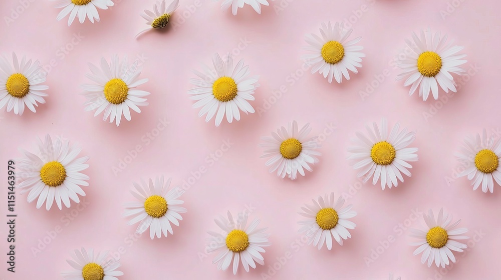 Fototapeta premium Minimalist white daisy and chamomile flowers flat lay on pale pink background – spring and summer floral arrangement with copy space, top view for creative lifestyle and design projects